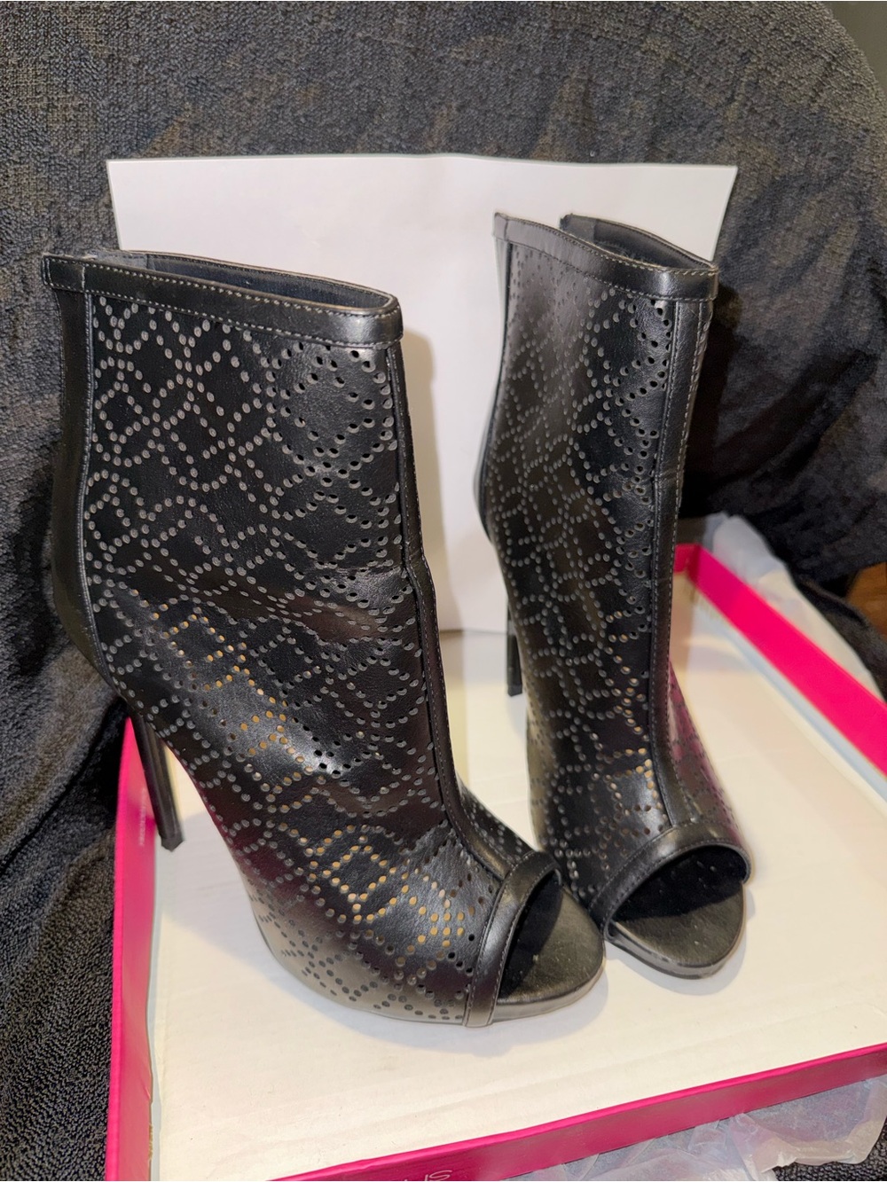 Shoe Dazzle Black Perforated Peep-Toe Stiletto Booties